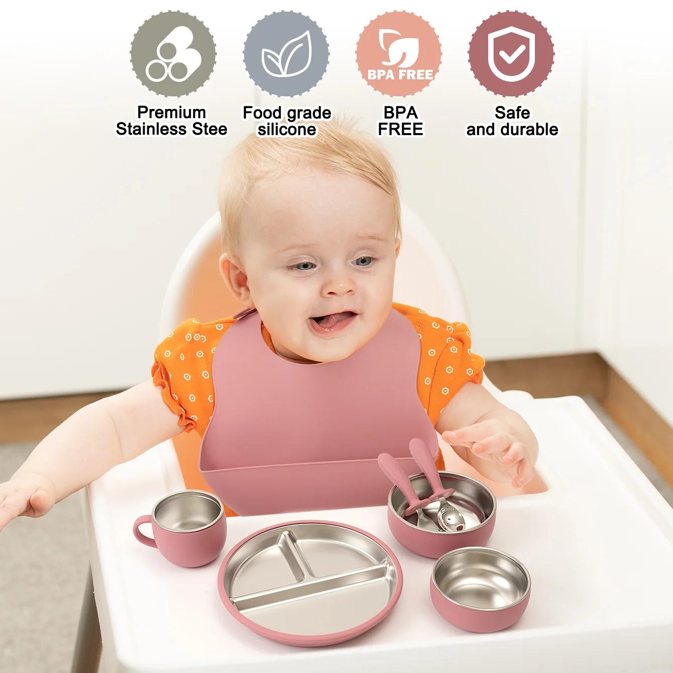 Couleur enfants 7 pièces en acier inoxydable et Silicone ensemble d'alimentation ventouse plats assi