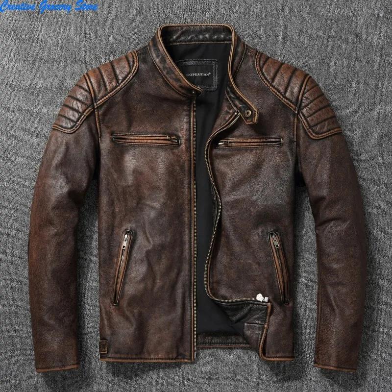Veste de moto en cuir de vache pour hommes, col montant, mode, couleur unie, ample, polyvalente, déc