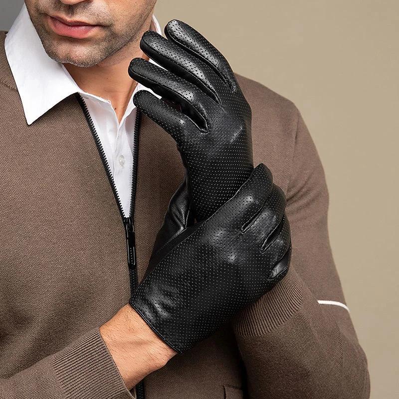 Gants en cuir de mouton véritable pour hommes, gants chauds d'hiver pour écran tactile, pour la cond