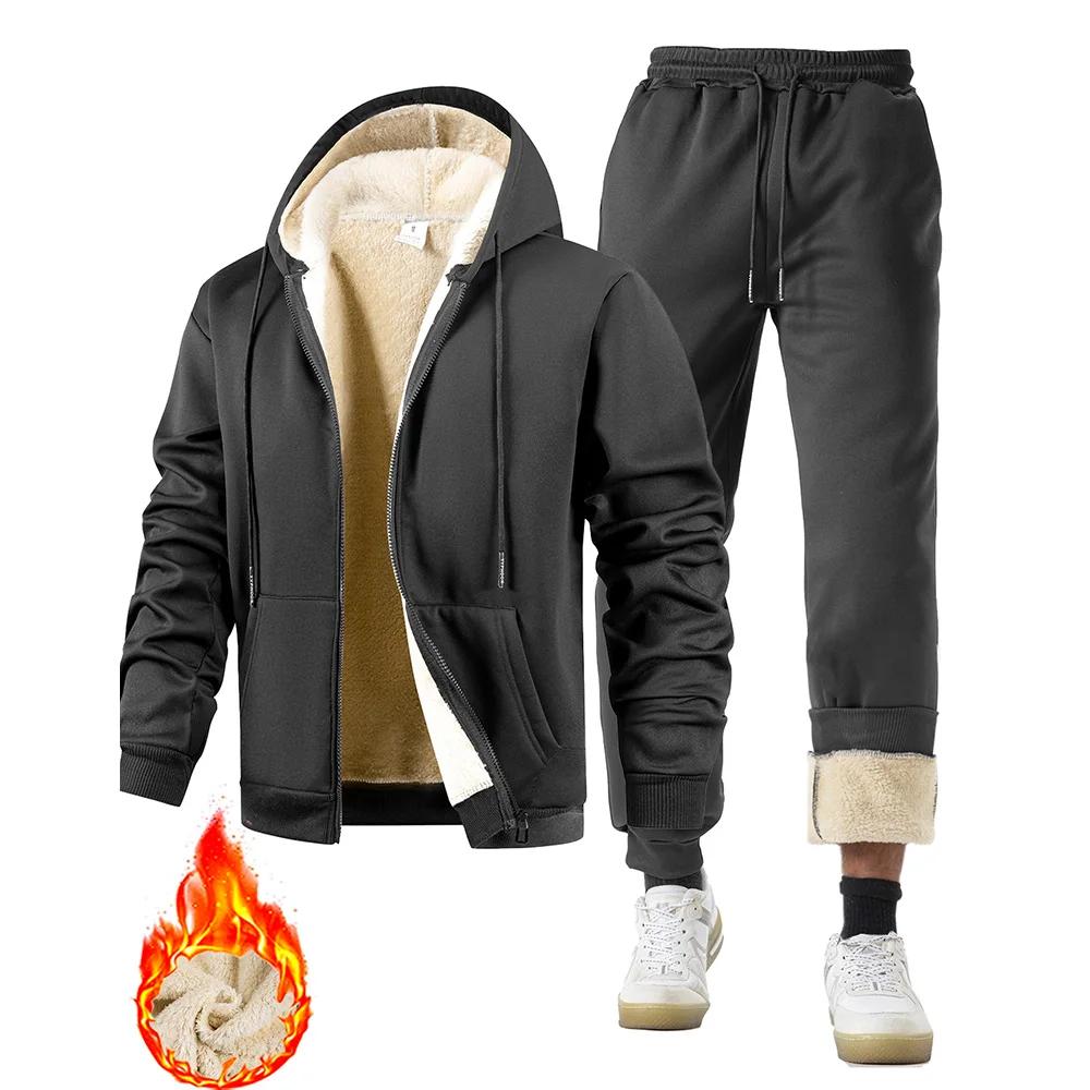 Costume deux pièces pour hommes, survêtement en peluche épais, veste de sport chaude + pantalon, com
