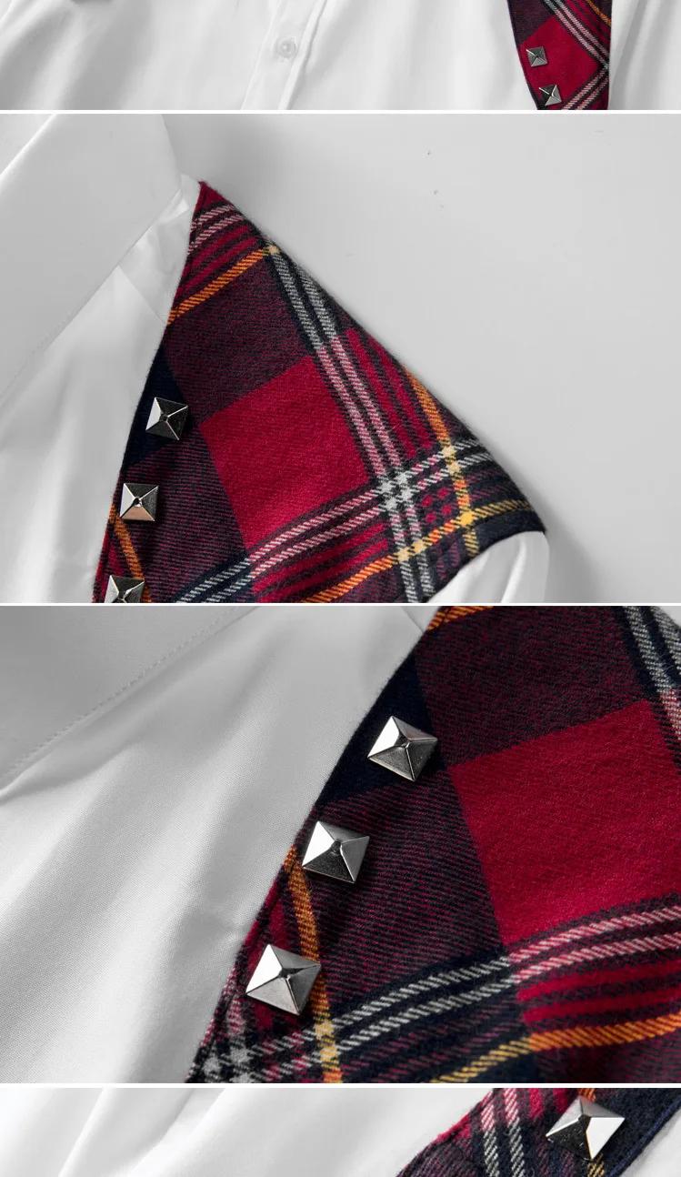 Chemise à manches longues pour hommes, bretelles d'épaule, épissure à carreaux, décoration à rivets,