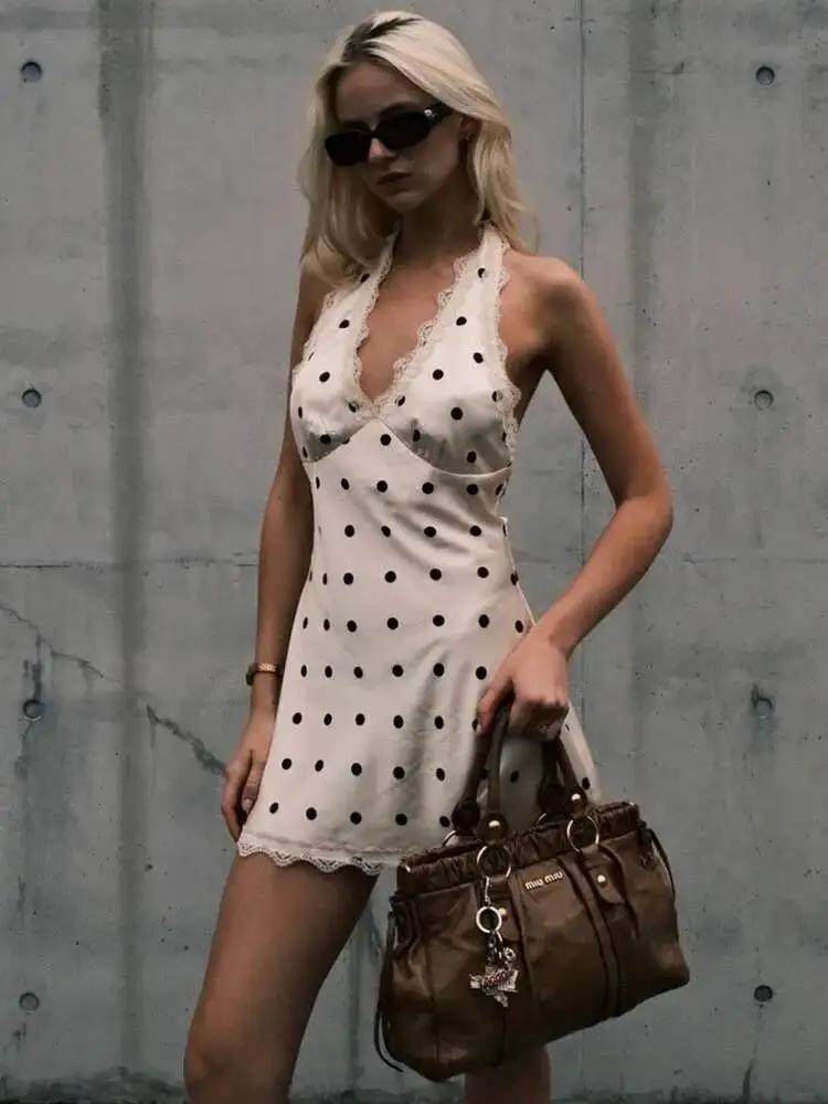 Blifanbo Satin à pois Mini Robe femmes Robe été nouvelle dentelle licou col en V profond sans manche
