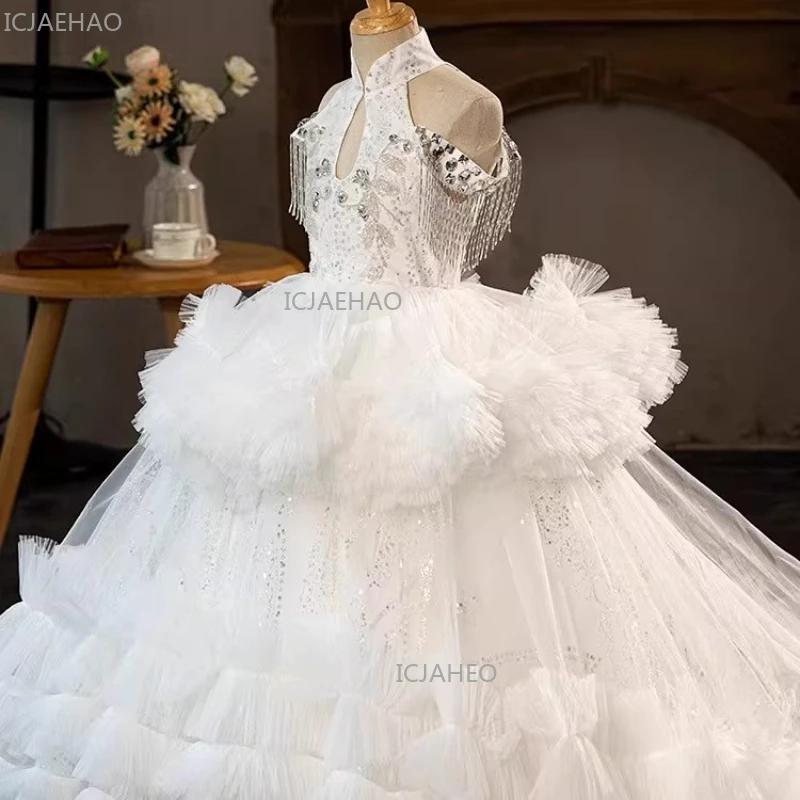 Robe de princesse blanche pour filles, robe de soirée bouffante en Tulle, longue robe de concours, s