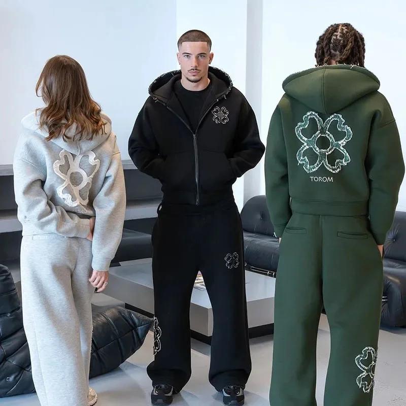 Ensemble survêtement homme printemps-automne, sweat à capuche zippé avec applique trèfle à quatre fe