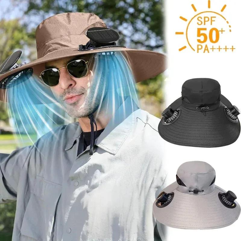 Chapeau de soleil d'été d'extérieur avec 2 ventilateurs, large bord, sangle coupe-vent, chargement s