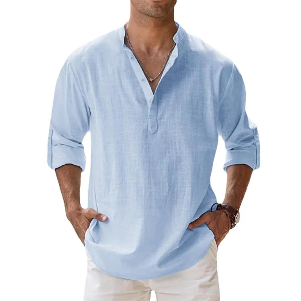 Chemises à manches courtes pour hommes, en coton et lin, couleur unie, col Henley, décontracté, Styl