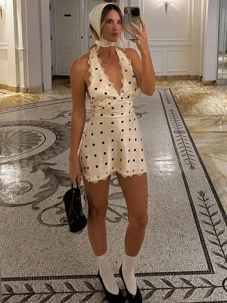 Blifanbo Satin à pois Mini Robe femmes Robe été nouvelle dentelle licou col en V profond sans manche