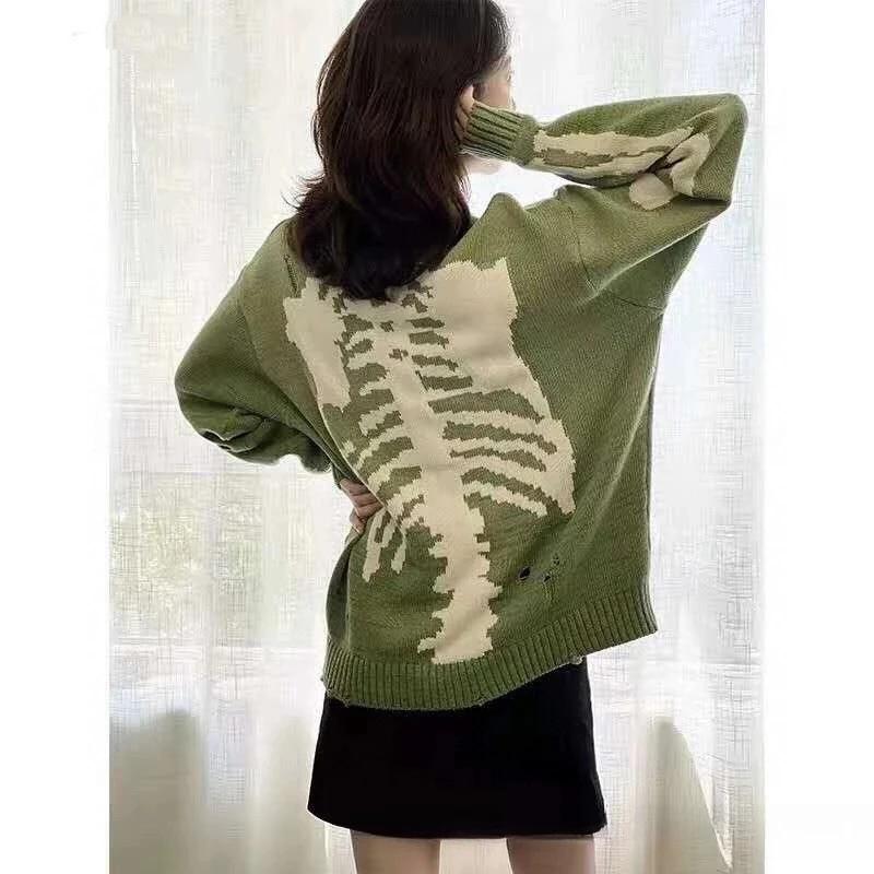 Japon KAPITAL derrière les os trou de squelette vert rétro pull en tricot pull ample pull à manches