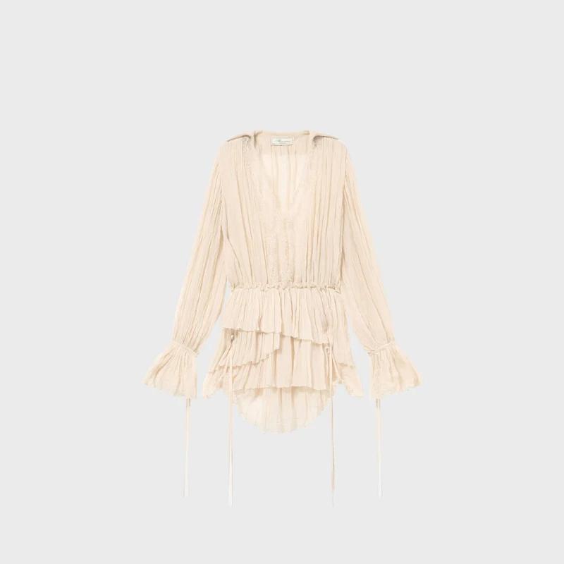 Chemisier femme beige à dentelle, col en V, manches longues, ourlet étagé à volants, en mousseline f