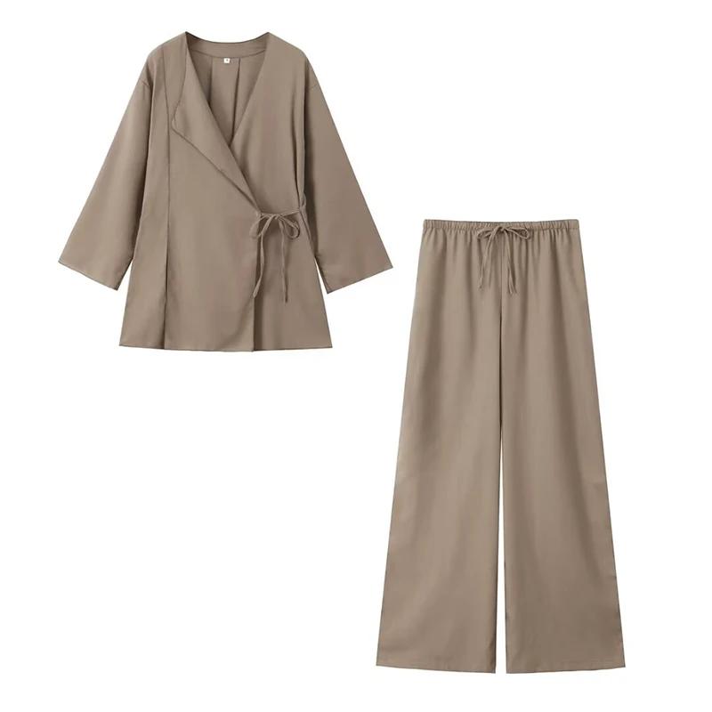 Willshela femmes mode 2 pièces ensemble solide à lacets chemises et Vintage taille élastique pantalo