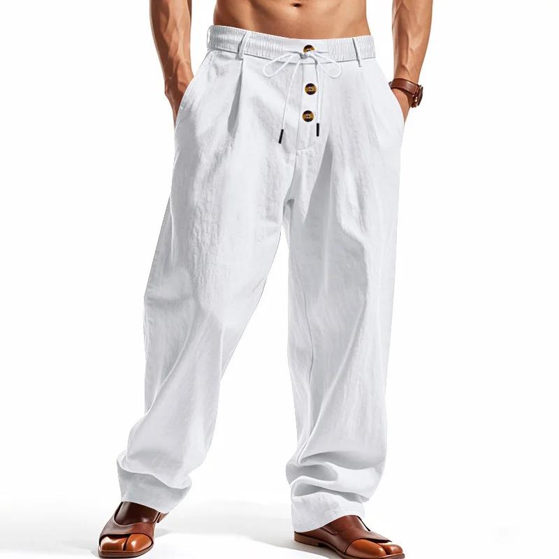 Pantalon large en lin mélangé pour homme, style bohème, taille haute, cordon de serrage, fermeture b