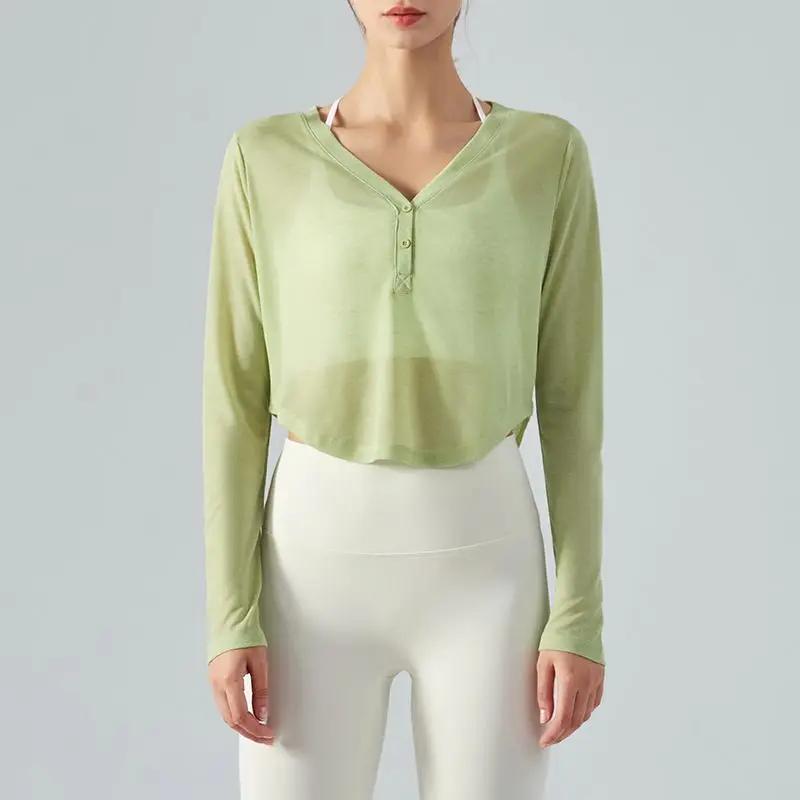 T-shirt à manches longues et col en v pour femme, vêtement Simple et Simple, résistant au soleil
