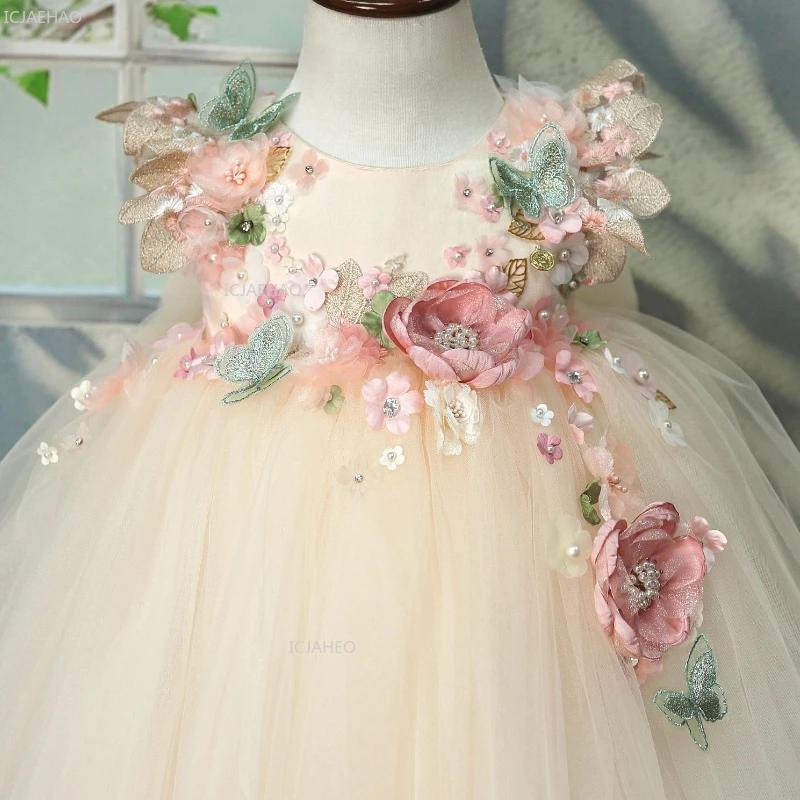 Robe Lolita pour filles, fleurs 3D, tulle bouffant, perles, robe de princesse pour demoiselle d'honn