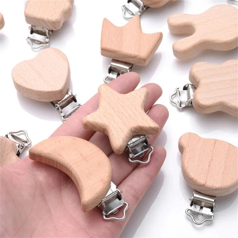 Sucette en bois de hêtre pour bébé, 5 pièces, sucette animale en bois de hêtre, support à Clips méta