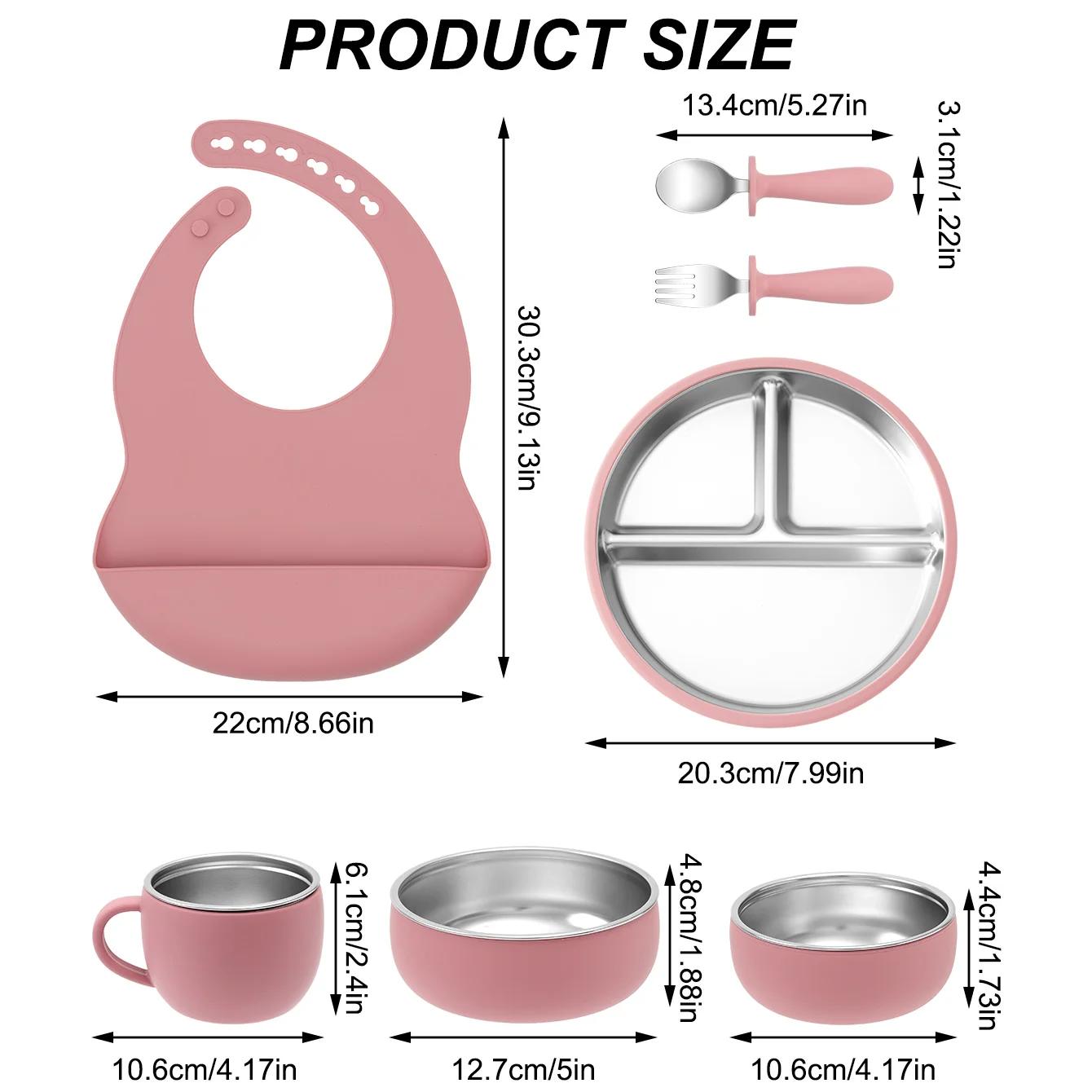 Couleur enfants 7 pièces en acier inoxydable et Silicone ensemble d'alimentation ventouse plats assi