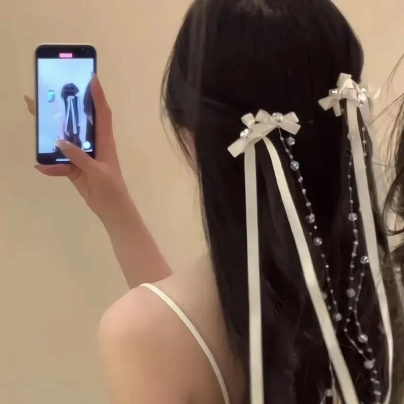 Pince à cheveux avec pompon en ruban de verre perlé pour femmes, mode coréenne Y2K, épingle à cheveu