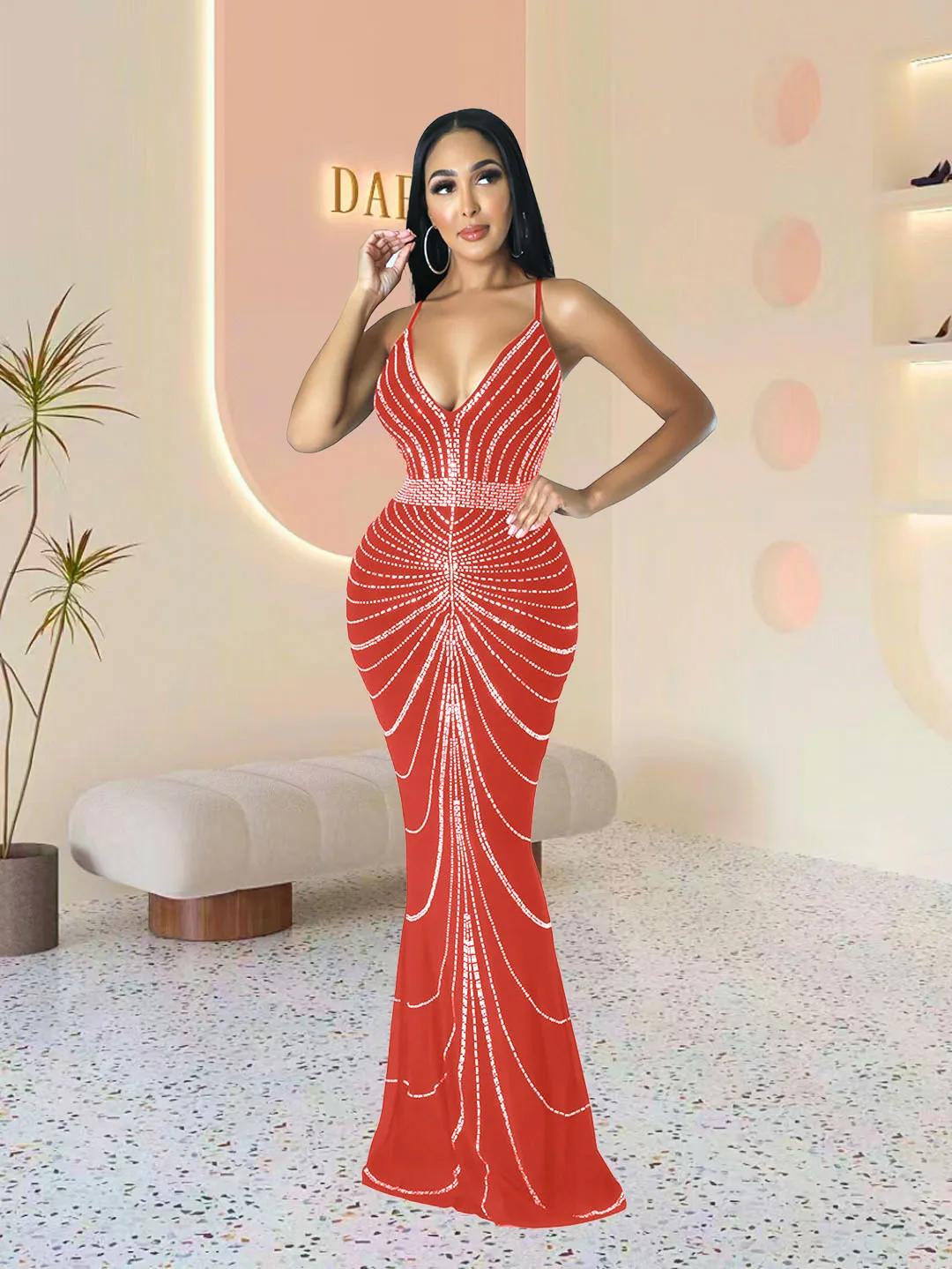 Robe de soirée longue pour femmes, paillettes, diamant chaud, bretelles de fête, dos qui fuit, sirèn