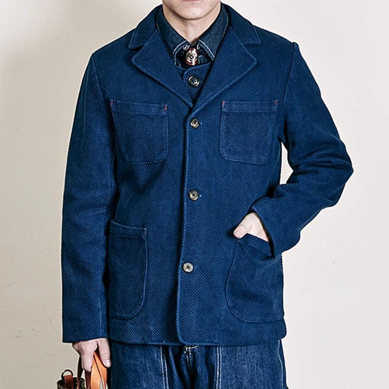 Veste Cargo Indigo en Coton pour Homme, Manteau à Revers, Multi-Poches, Vintage, Optique Française,