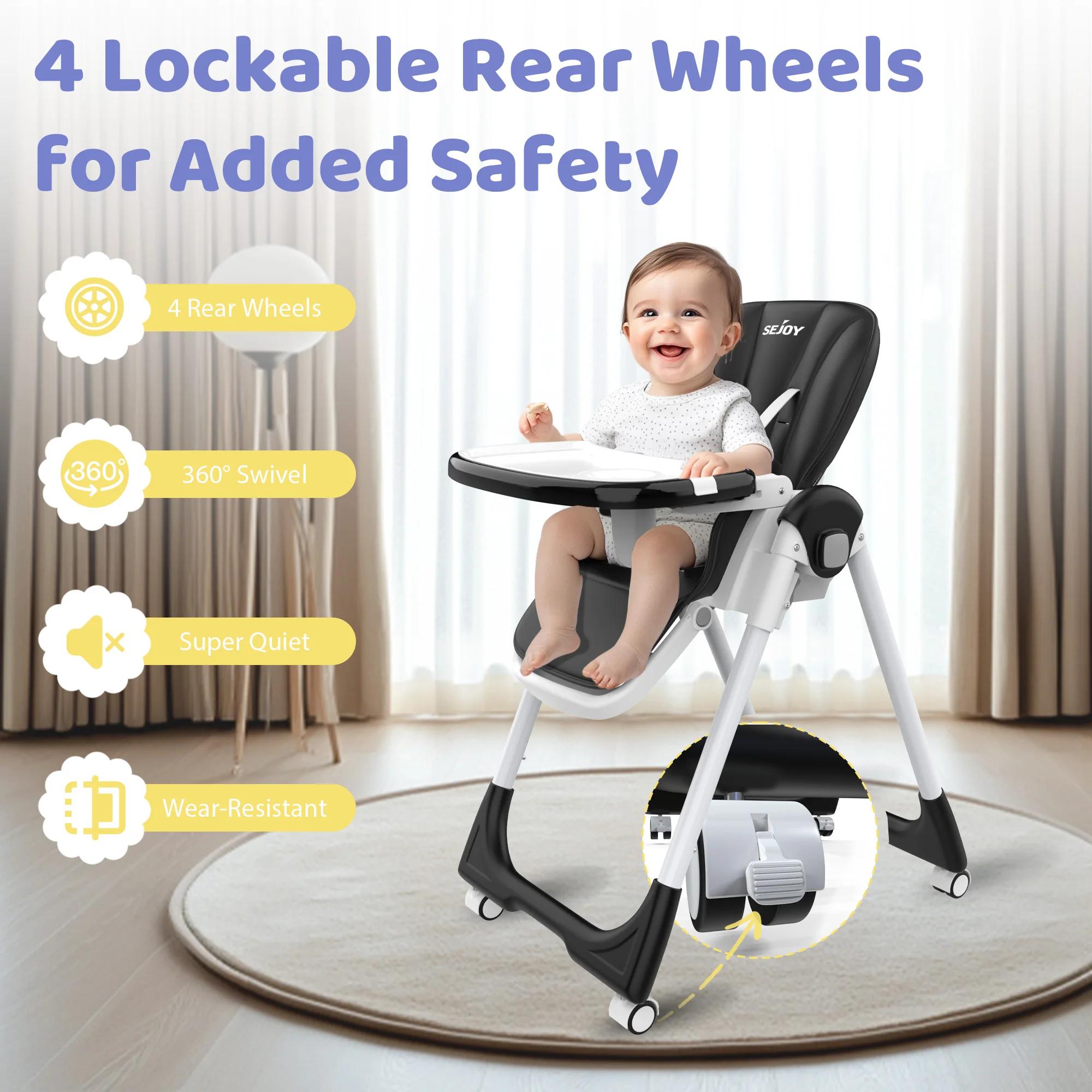 Chaise haute pour bébé Sejoy réglable avec harnais 5 points, plateau à 3 niveaux et roulettes, certi