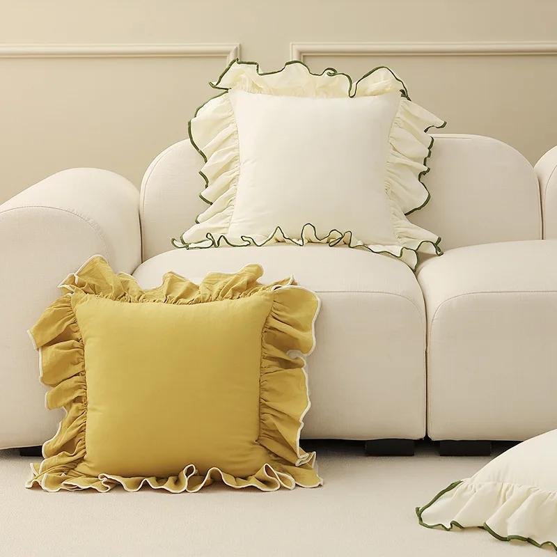 Juste de coussin en coton à volants pour canapé, taie d'oreiller décorative, beige, rose, princesse,