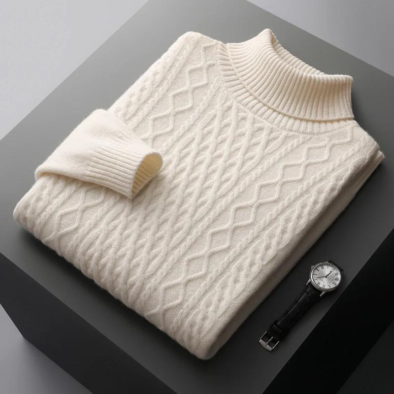 Nouveau automne et hiver 100% laine mérinos hommes col haut double brin épais jacquard pull pull tri