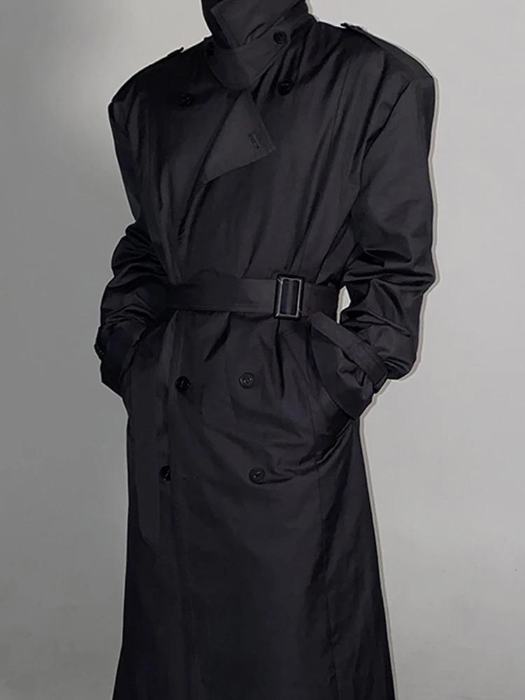 Mauroicardi-Manteau long noir pour homme, ceinture double boutonnage, décontracté, coupe-vent, print