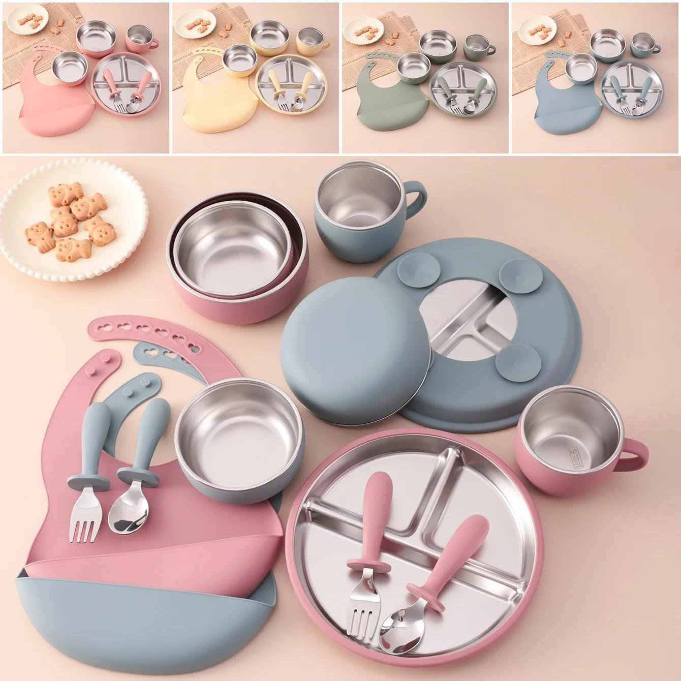 Couleur enfants 7 pièces en acier inoxydable et Silicone ensemble d'alimentation ventouse plats assi