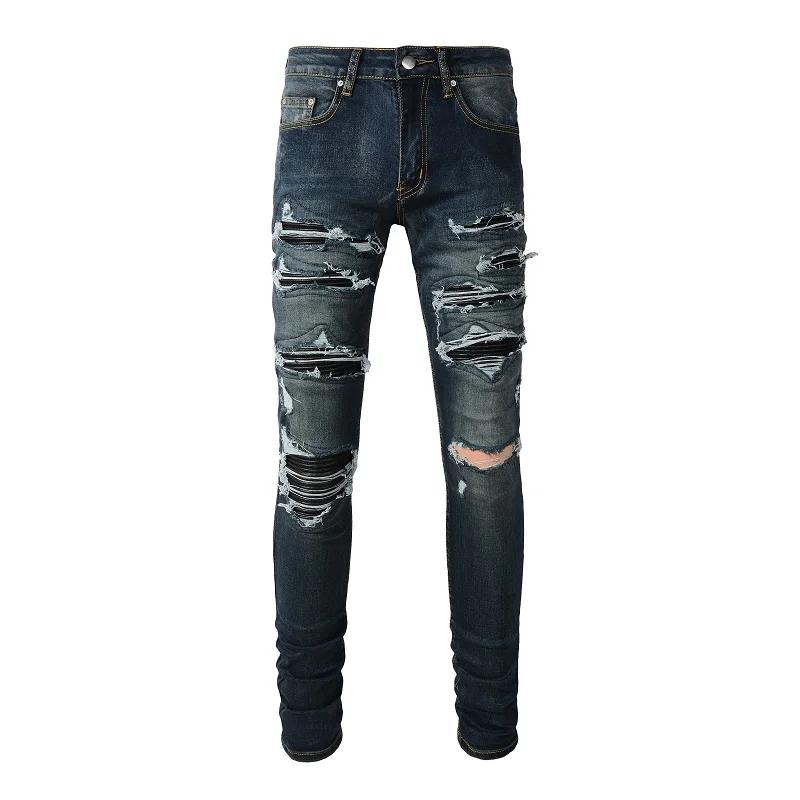 Jean en Denim pour hommes, patchs en cuir noir, Streetwear, pantalon slim conique, trous déchirés, p
