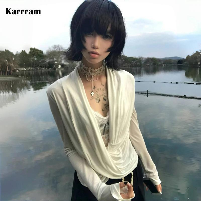 Karrram japonais Y2k croix hauts Trashy 2000s Style col en v à manches longues T-shirt Vintage Haraj