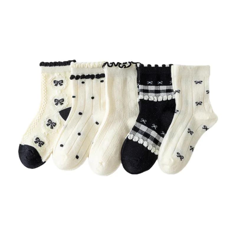 Chaussettes en coton solide pour enfants filles, 5 paires de nœuds papillon, douces, respirantes, ra