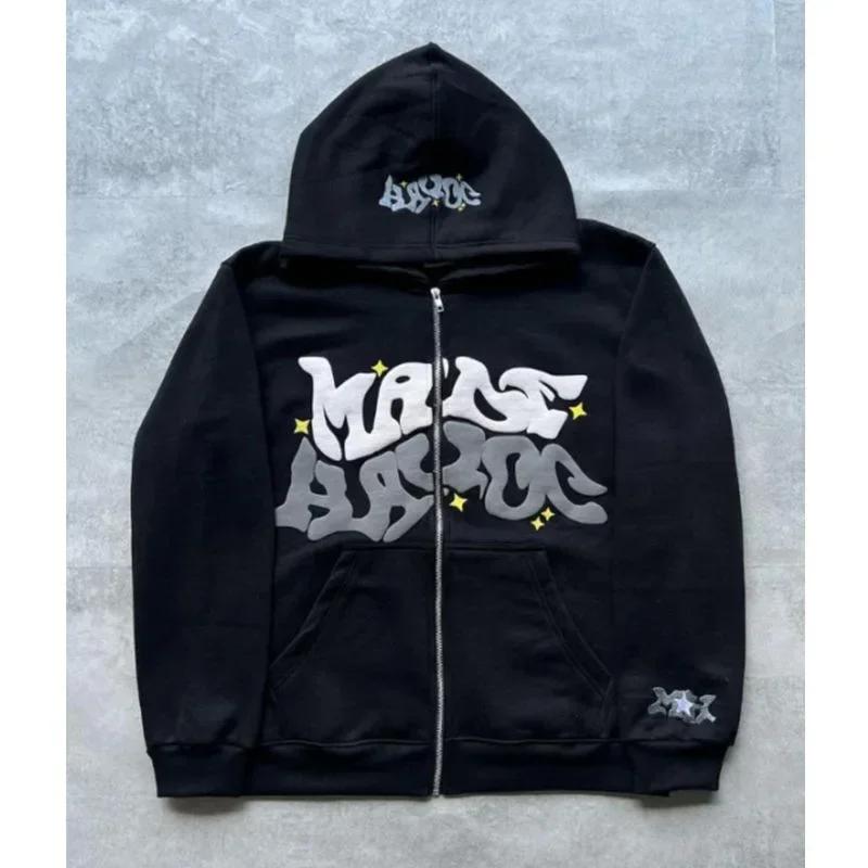 Sweat-shirt à capuche imprimé avec lettres américaines rétro pour homme, cardigan ouvert unisexe pou