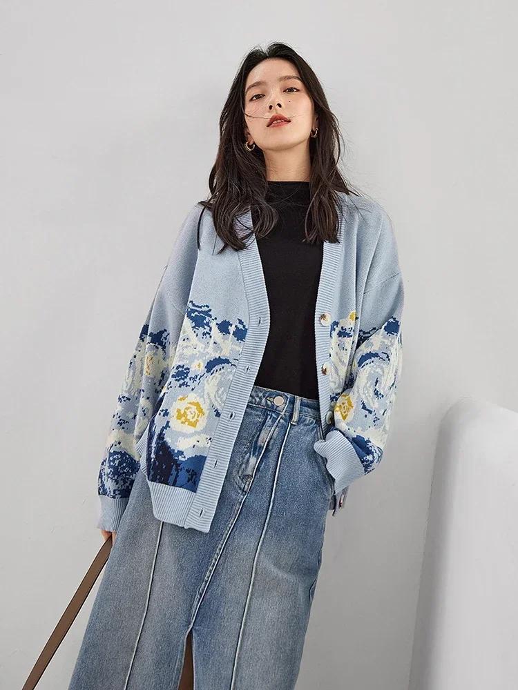 Cardigan d'hiver pour femmes, pull tricoté de styliste, manteau, nouvelle mode imprimée, col en v ép