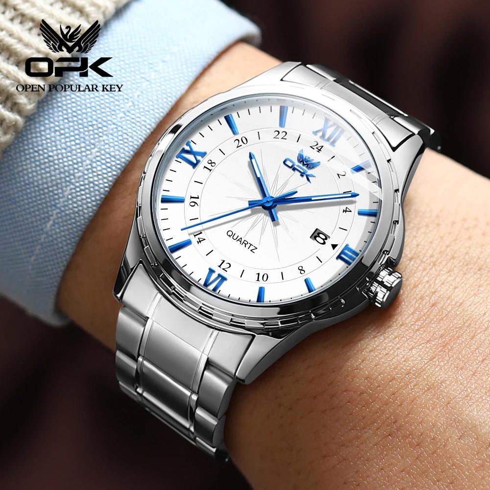 Montre à quartz pour hommes avec ceinture en acier de marque OPK à double calendrier 6003