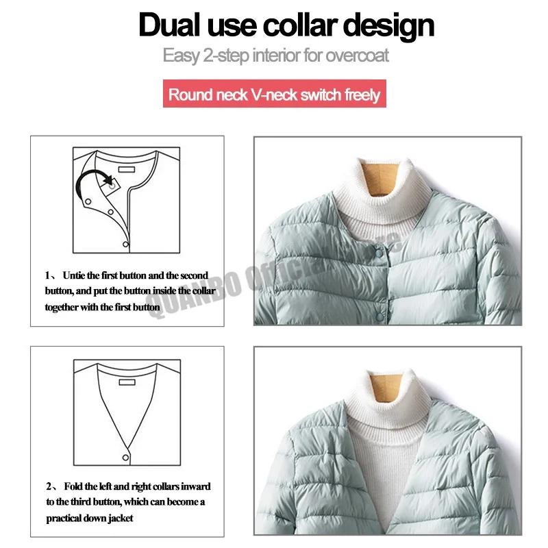Veste en duvet de canard pour femme, col rond, col en v Variable, garde au chaud, sans col, manteau