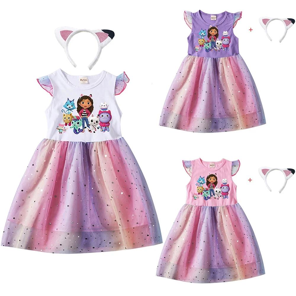 Robes de princesse + bandeau pour petites filles, 2 pièces, chats Gabby de dessin animé, vêtements p