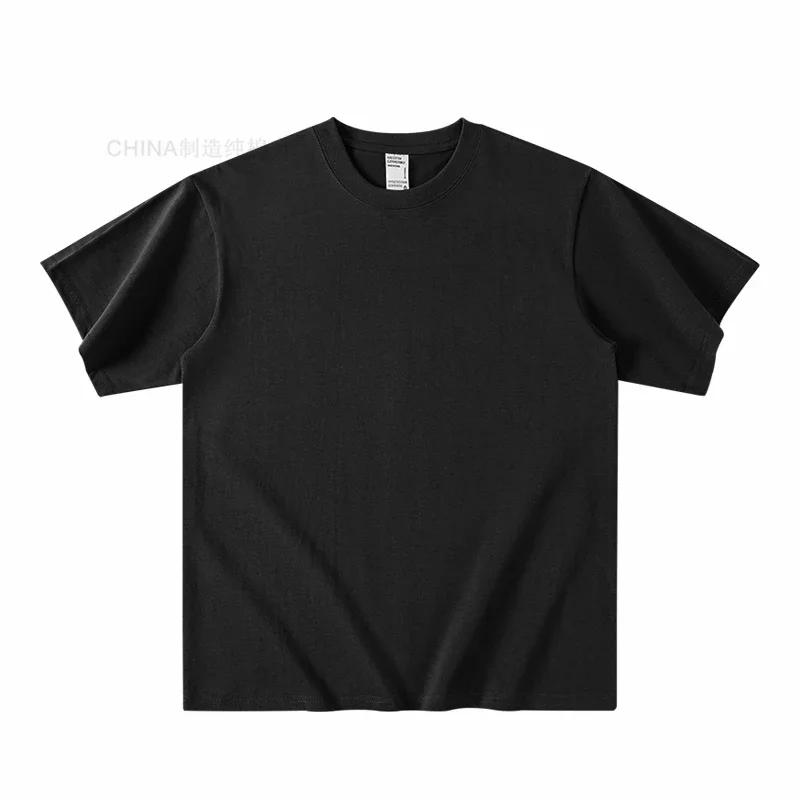 T-shirt d'été à manches courtes en coton épais bleu clair 300g, ample, décontracté, à demi-manches p