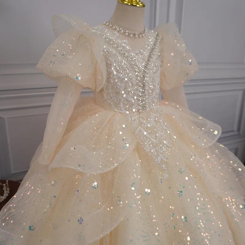 Robe de princesse à manches longues pour filles, robe de soirée d'anniversaire, à fleurs, robe de ma