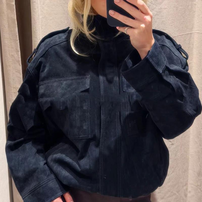 HXAO nouveauté veste en daim vestes pour femmes automne gris foncé kaki Bomber veste Chic fermeture