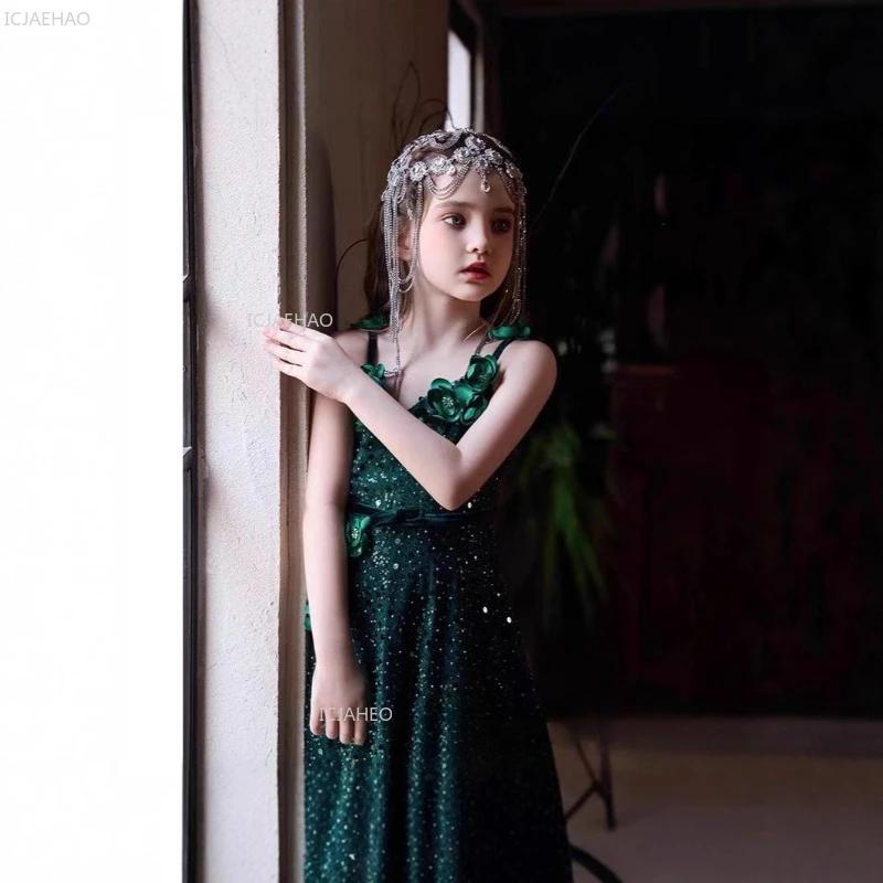 Robe de princesse vert forêt pour filles, robe de cérémonie pour enfants, robe de mariée pour filles