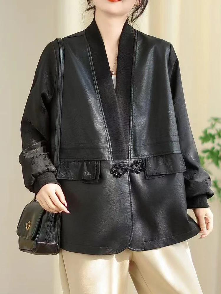 Amax LuluE chinois 2025 automne dames mode Patchwork Faux cuir vestes femmes ample col en V PU mante