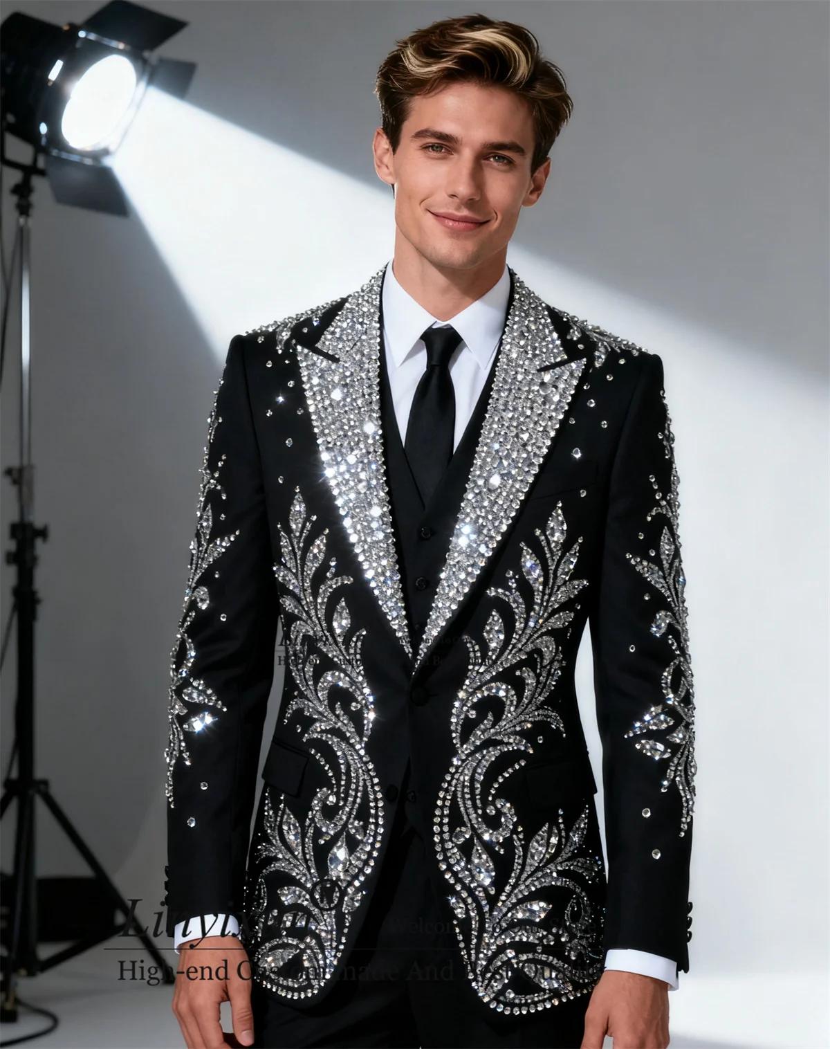 Costumes de smoking haut de gamme pour hommes avec cristaux et strass, sur mesure, coupe ajustée, po
