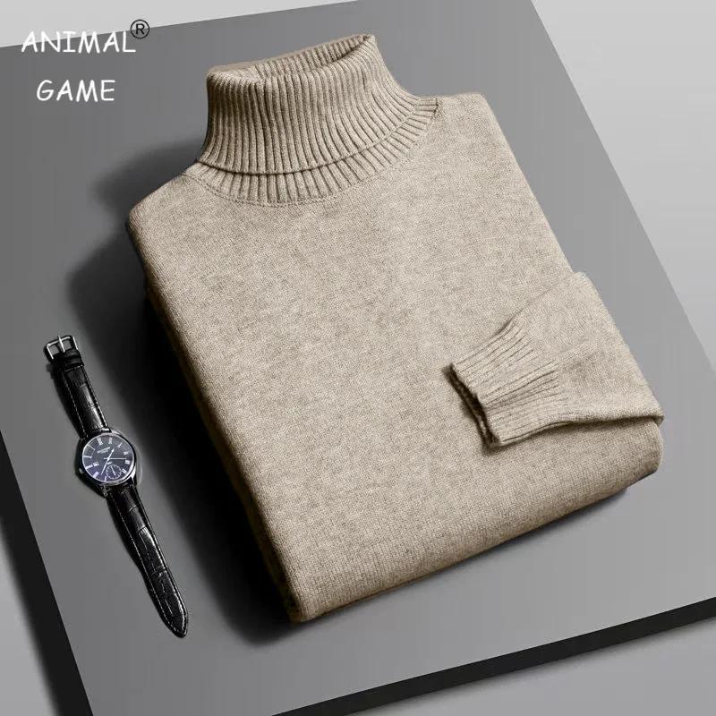 Automne hommes haute qualité tricoté pull à col roulé coupe ajustée à manches longues anti-boulochag