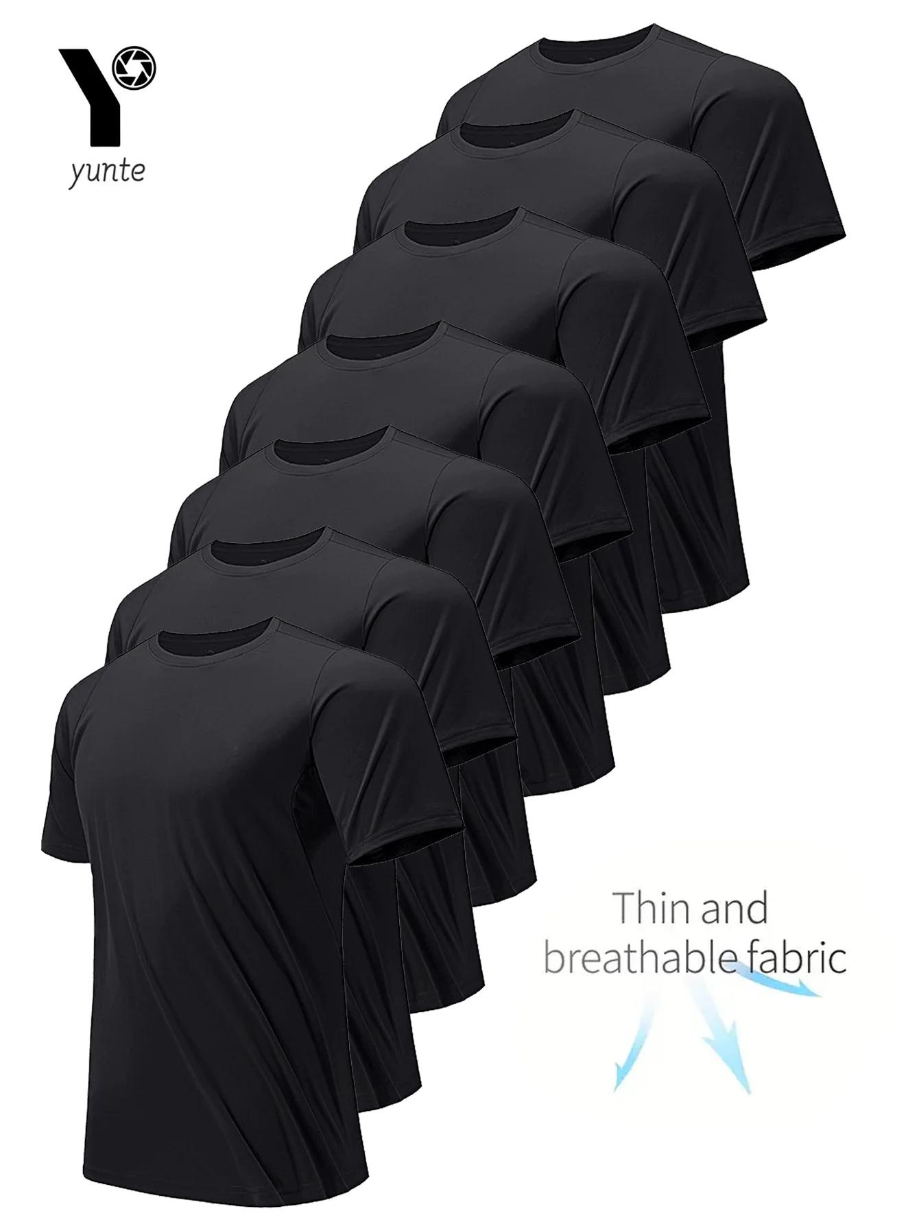T-shirt col rond 7 pièces noir ultra-léger pour hommes, séchage rapide, respirant, absorbant la sueu
