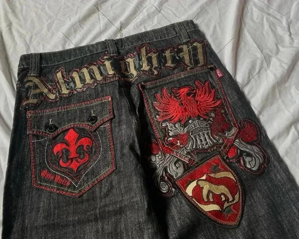 Jean brodé avec lettres patchwork américaines pour hommes, style gothique Harajuku, jambes larges, p
