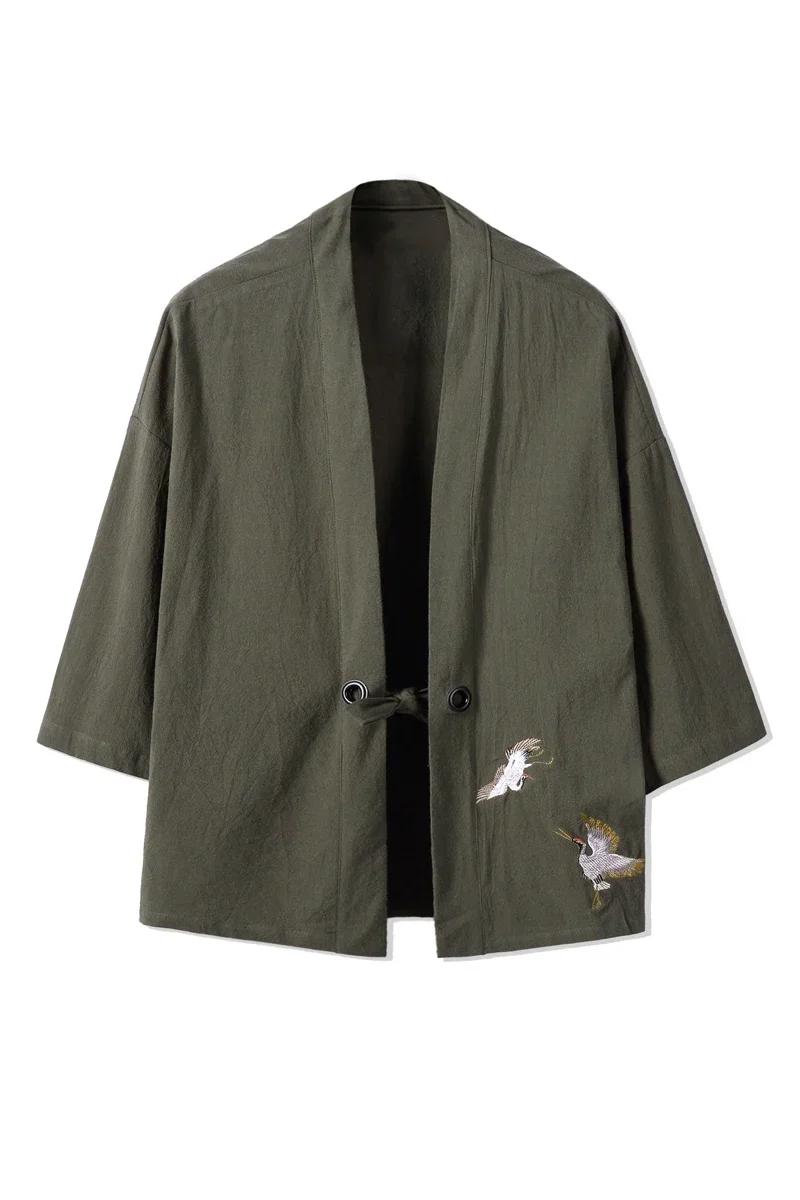 Hommes Kimono grue broderie Harajuku Style japonais Cardigan décontracté coton hommes samouraï Costu