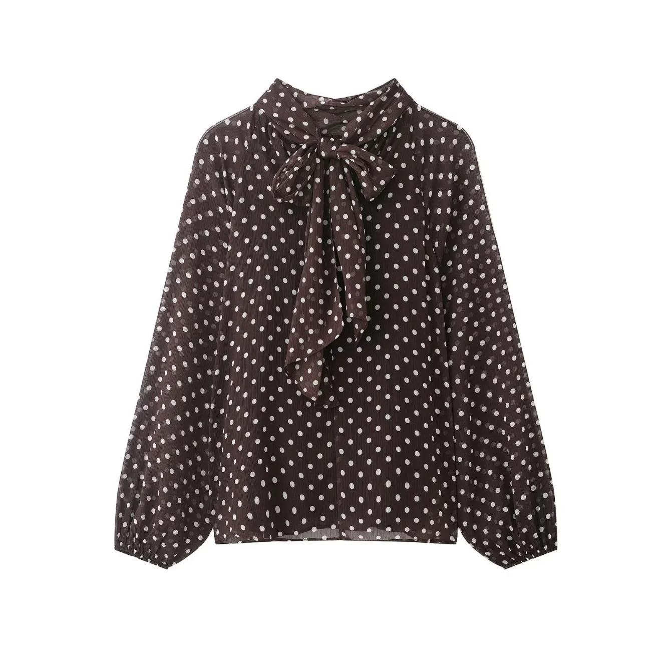 Chemise à manches longues à pois pour femmes, mode printemps automne, chemise à nœud à lacets, chemi