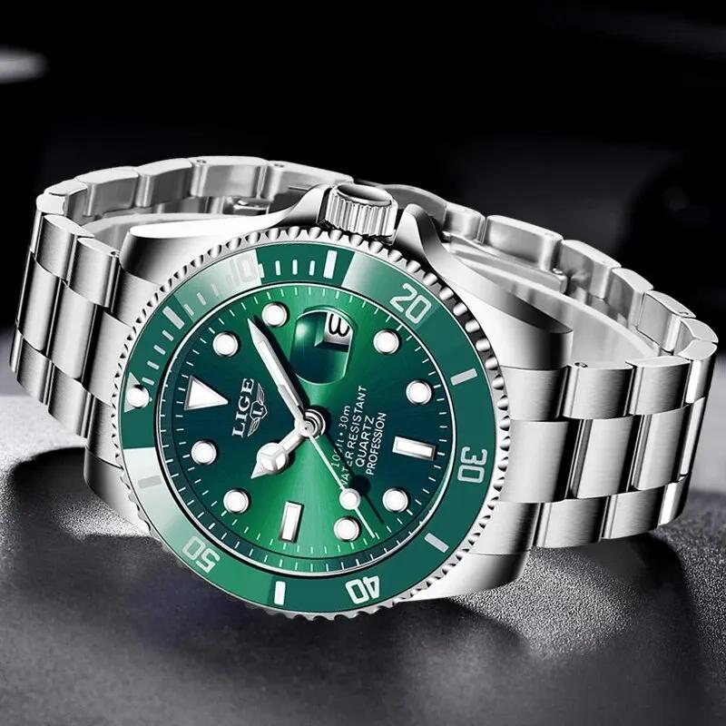LIGE-Montre de plongée étanche pour homme, montre-bracelet à quartz, horloge de date, montres de spo