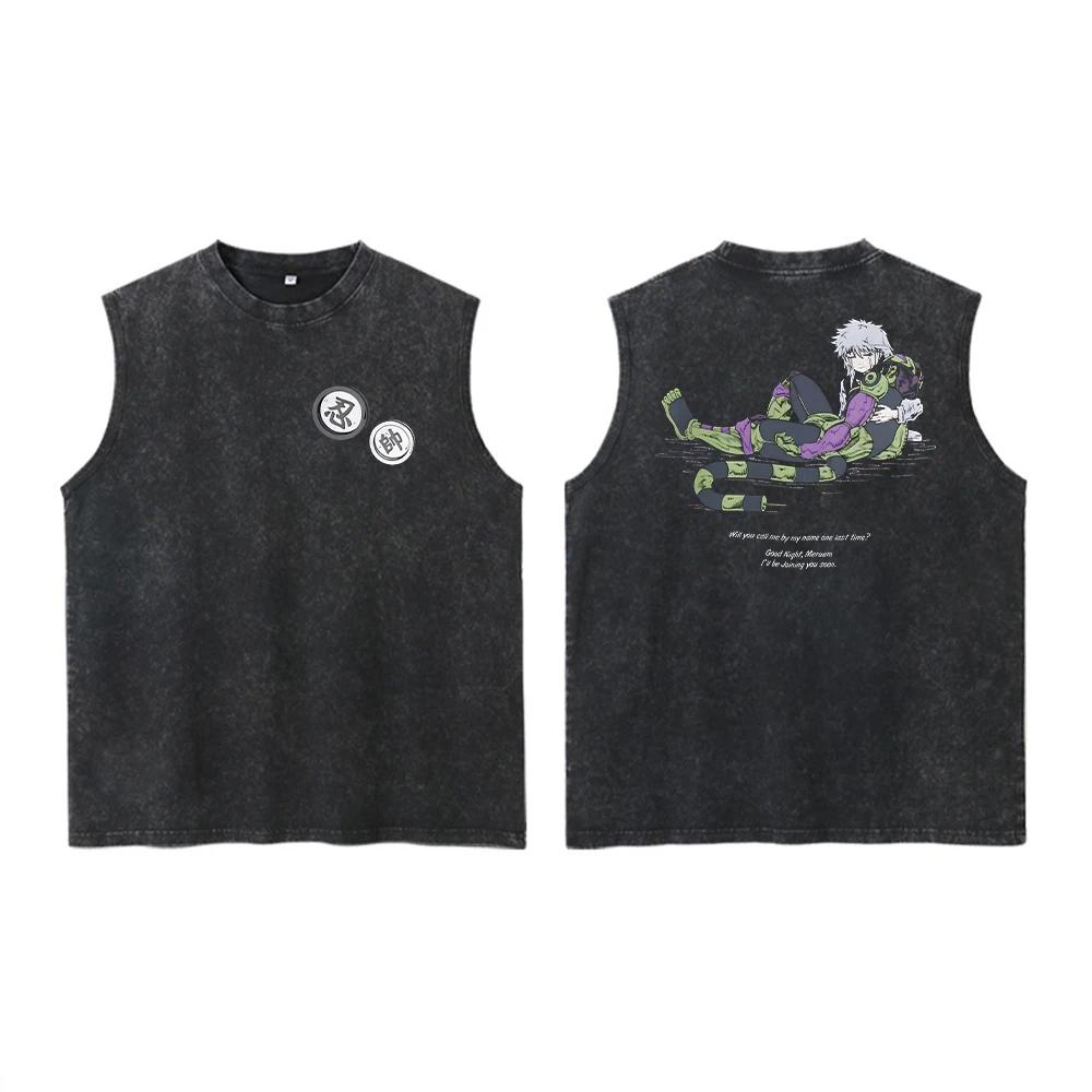 Anime Hunter X Hunter acide gilet rétro Vintage imprimé lavé graphique gilet hommes Harajuku Y2k cot