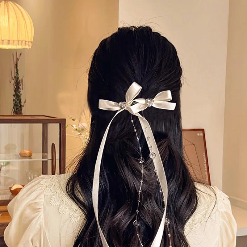 Pince à cheveux avec pompon en ruban de verre perlé pour femmes, mode coréenne Y2K, épingle à cheveu