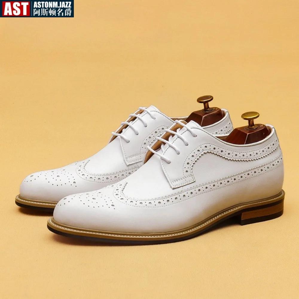 Chaussures habillées de luxe pour hommes en cuir véritable richelieu bout d'aile Oxford blanc à lace